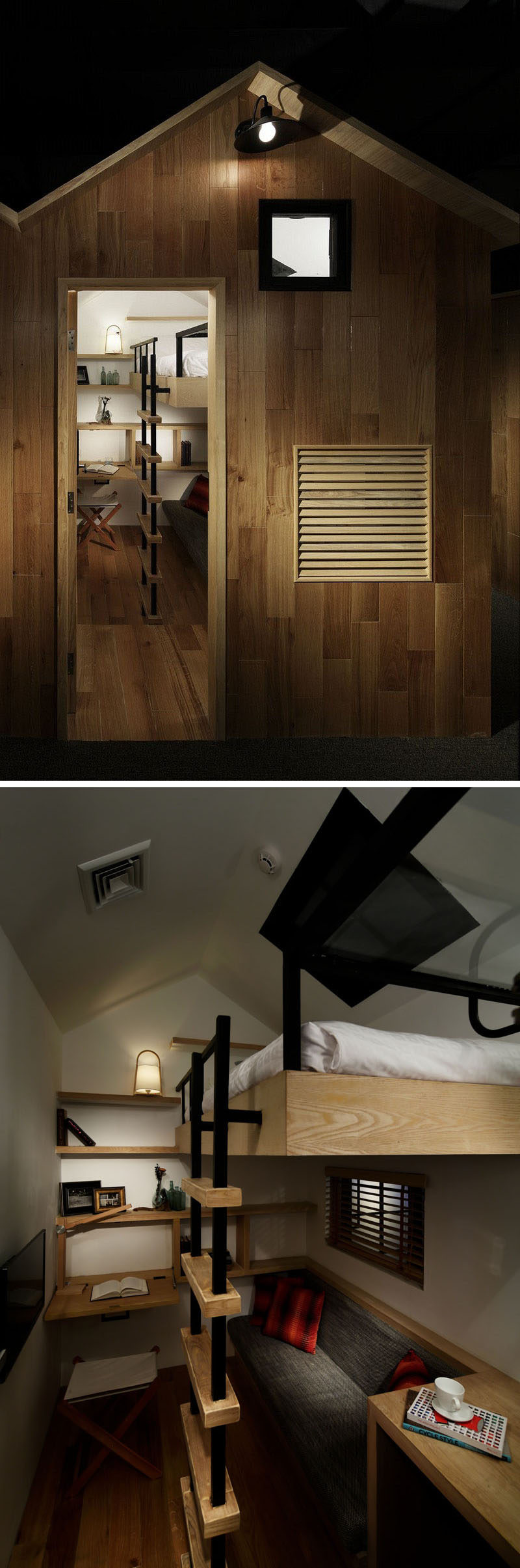 8 Small Hotel Rooms That Maximize Their Tiny Space // At this hotel, you sleep in your very own mini house. A lofted bed leaves space underneath for a couch, and a fold up desk creates a work space that's just the right size for writing, working on a laptop, or doing some sketching.