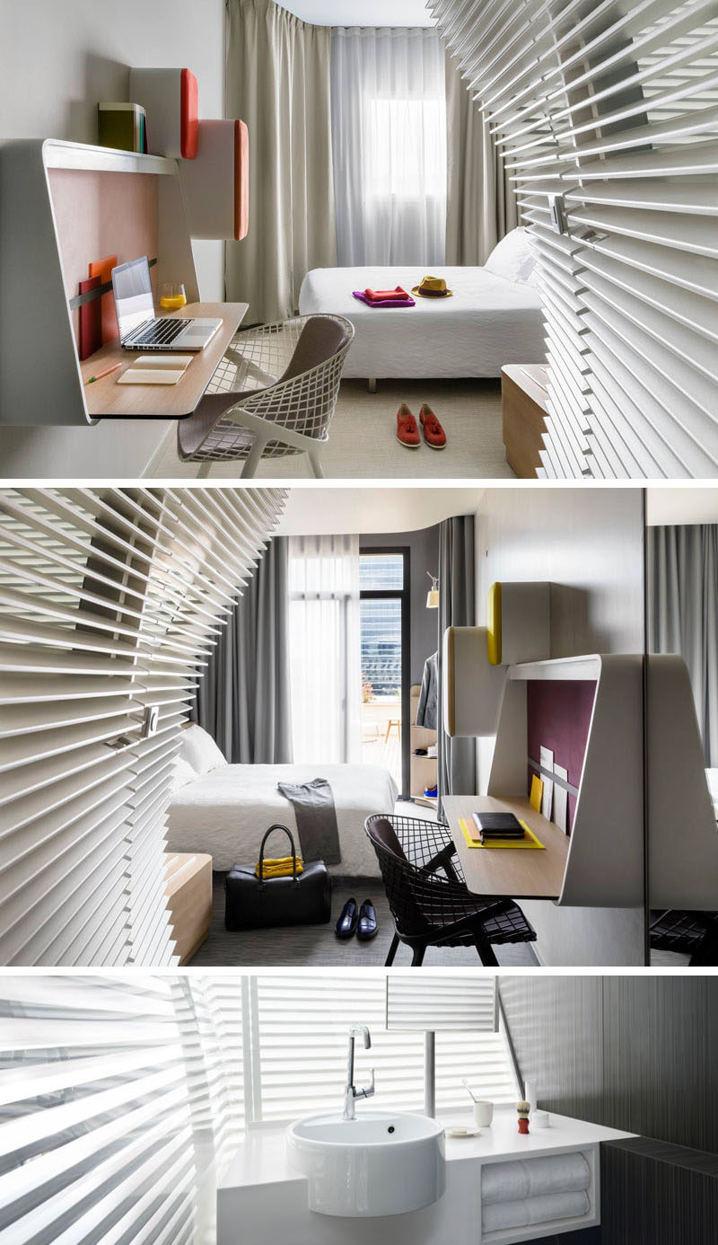 8 Small Hotel Rooms That Maximize Their Tiny Space // These simple hotel rooms have a few pops of color throughout them to inject some fun into the room and the fold down desk keeps the space functional and organized.