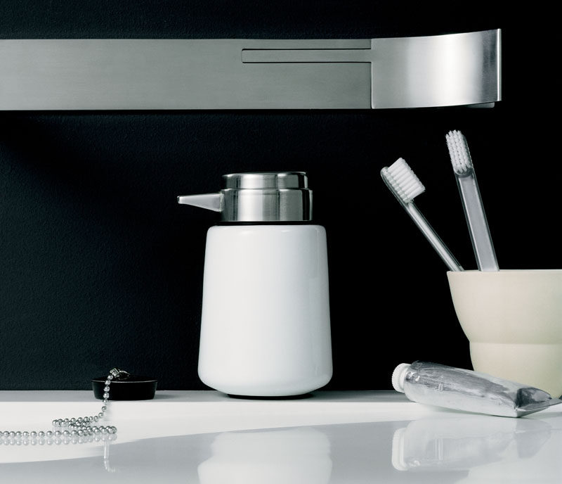 Bathroom Decor Ideas- Sophisticated Soap Dispensers // Available in both black and white, this little soap dispenser packs a major style punch and looks right at home on bathroom counters.