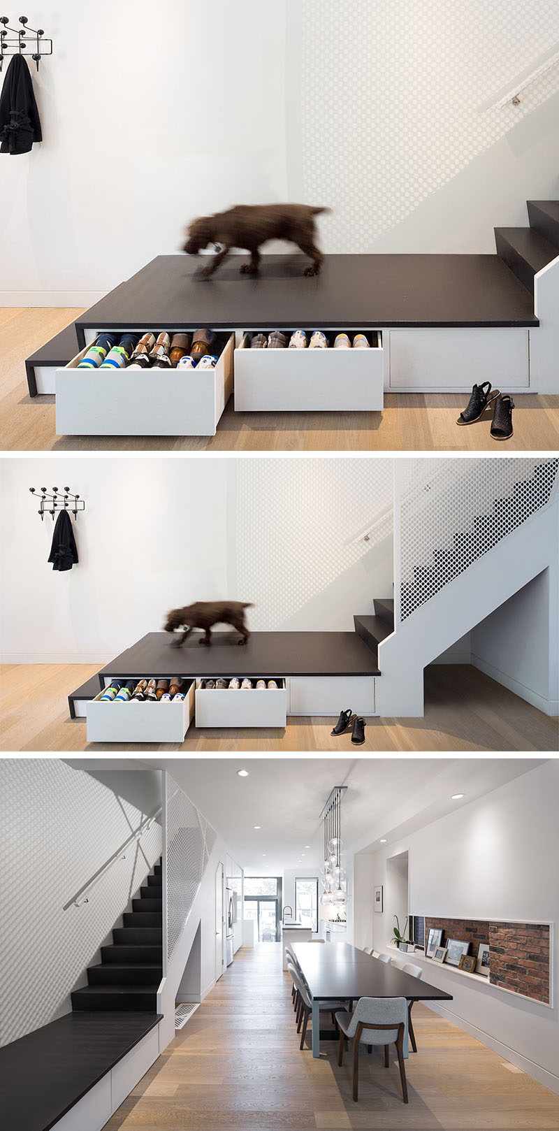Stairs Design Ideas - This home has three hidden drawers located under the stair landing that are perfect for storing shoes and dog toys.