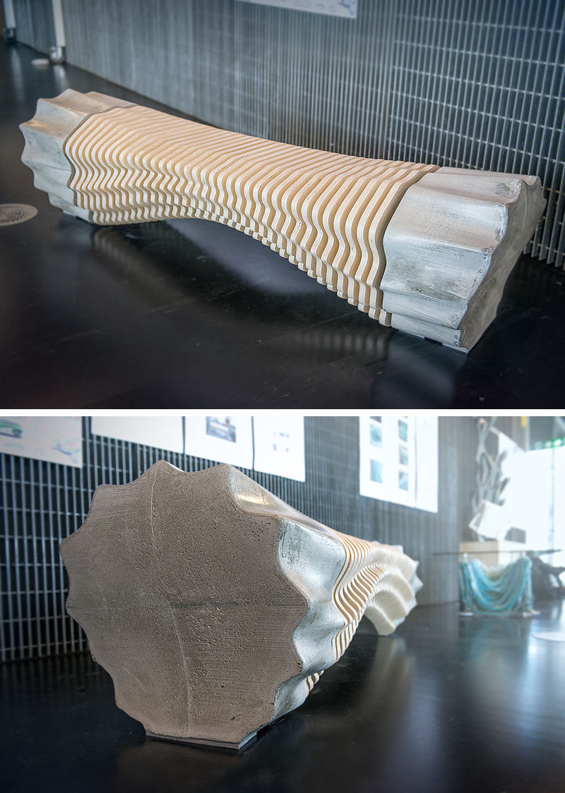 Industrial design student Tianzhu Zhang, has created an industrial inspired wood and concrete bench using robotic fabrication methods.