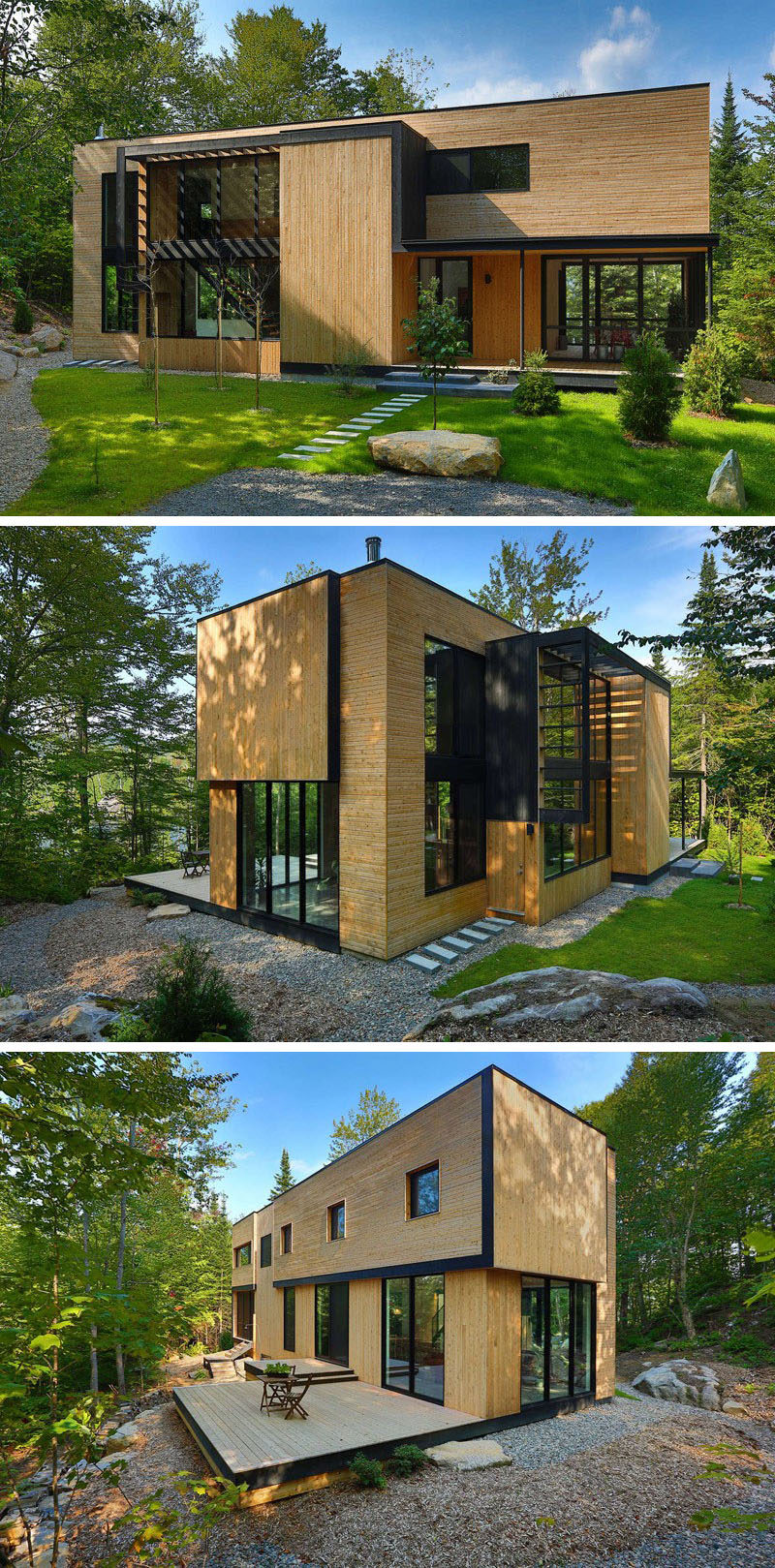 18 Modern House In The Forest // Light colored wood covers the exterior of this house surrounded by forest, helping it fit right in among the rest of the wood in the forest. #ModernHouse #ModernArchitecture #HouseInForest #HouseDesign