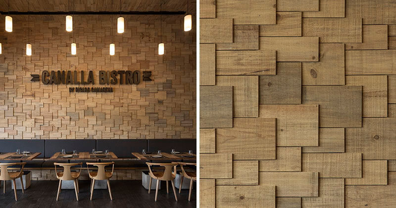 The walls of this modern restaurant are covered in wood shingles.