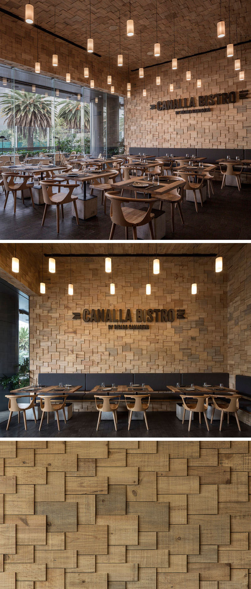 The walls of this modern restaurant are covered in wood shingles.