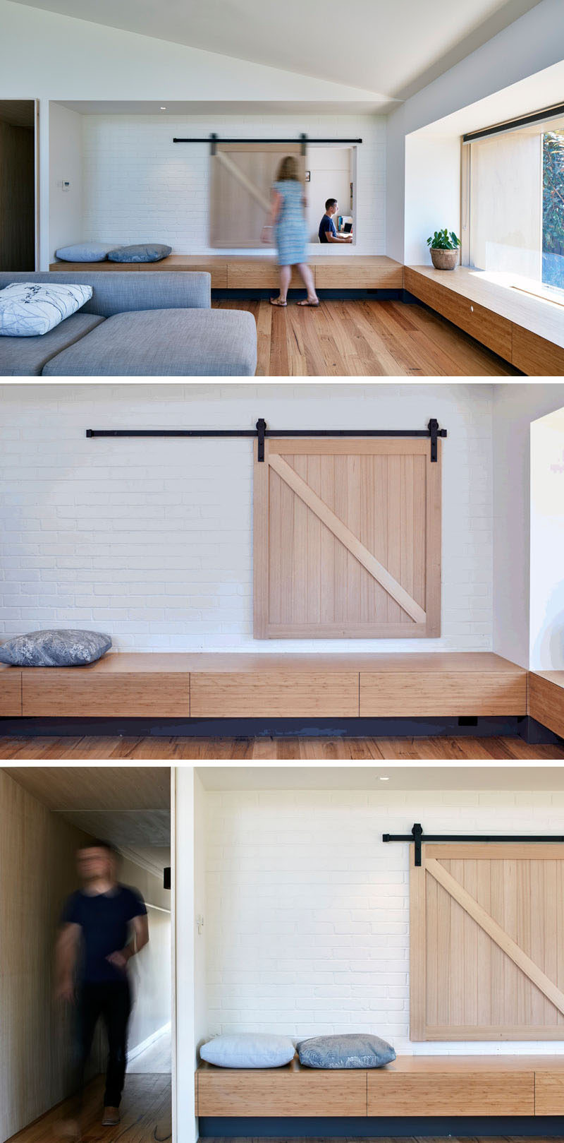 A small wooden barn window reveals the study next to the living room.