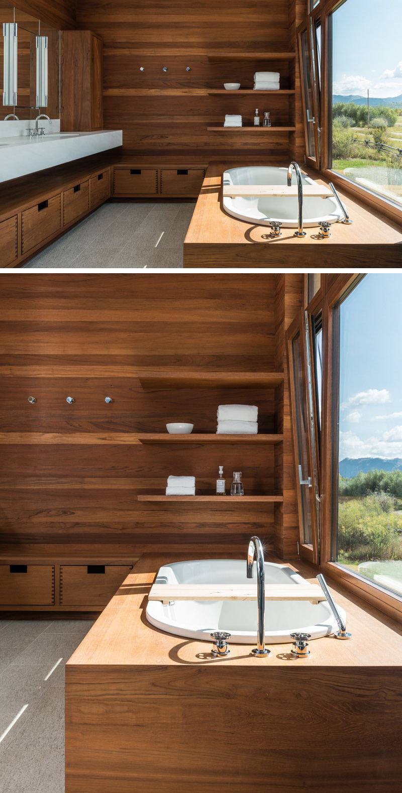 Bathroom Design Idea - Create a Spa-Like Bathroom At Home // Include luxurious wood details.