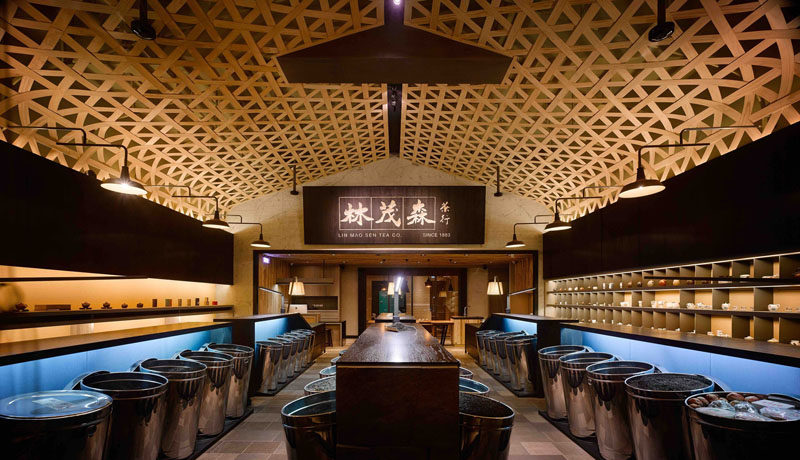 Ceiling Design Ideas - A Woven Wood Drop Ceiling Creates A Dramatic Cathedral Effect In This Tea Shop