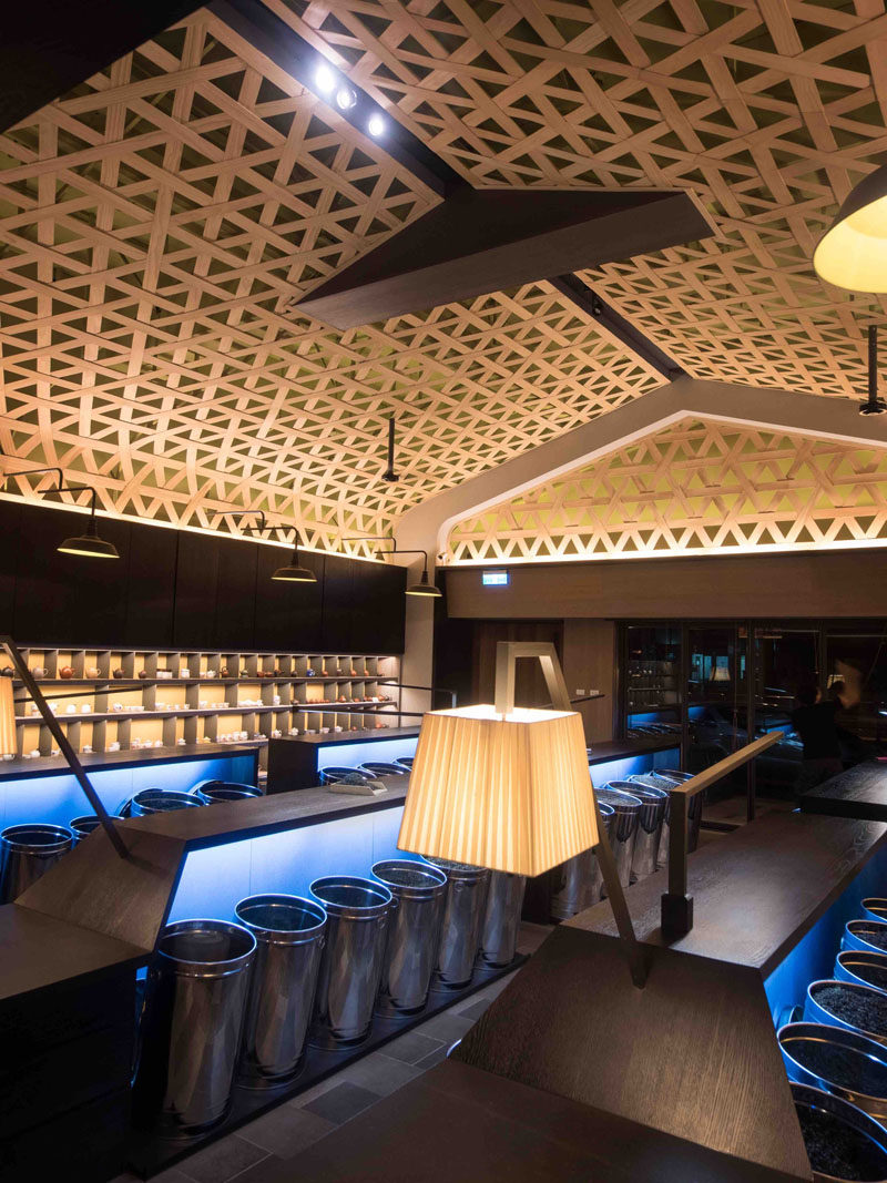 Ceiling Design Ideas - A Woven Wood Drop Ceiling Creates A Dramatic Cathedral Effect In This Tea Shop