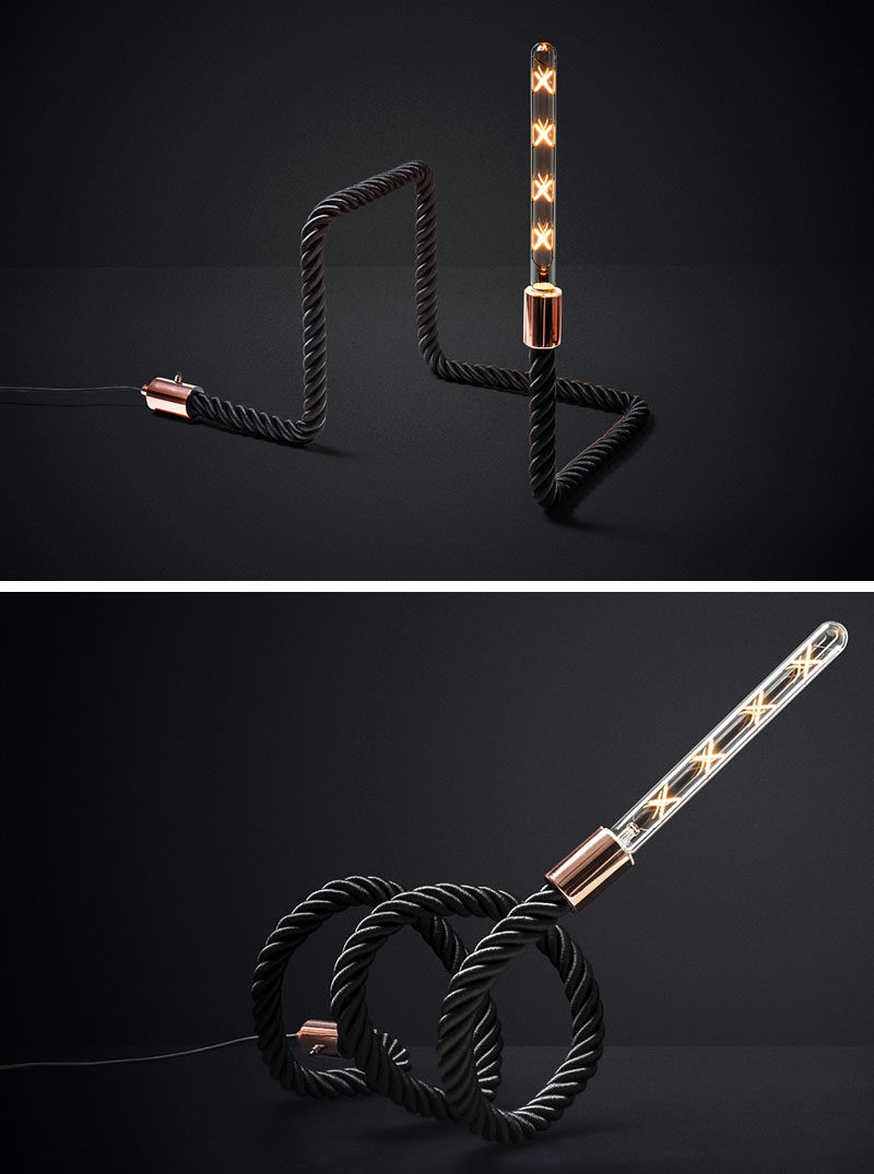 This unique lamp design includes a rope that can be bent or twisted into different shapes