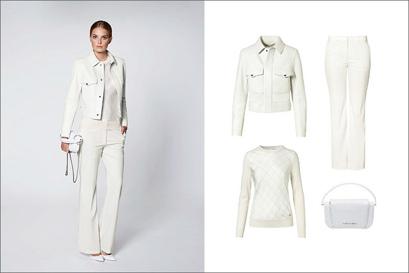 Women's Fashion Ideas - 12 Womens Outfits From Porsche Design's 2017 Spring/Summer Collection // This all white women's outfit features a white leather jacket, a knit sweater, flared white pants, and a simple white purse.