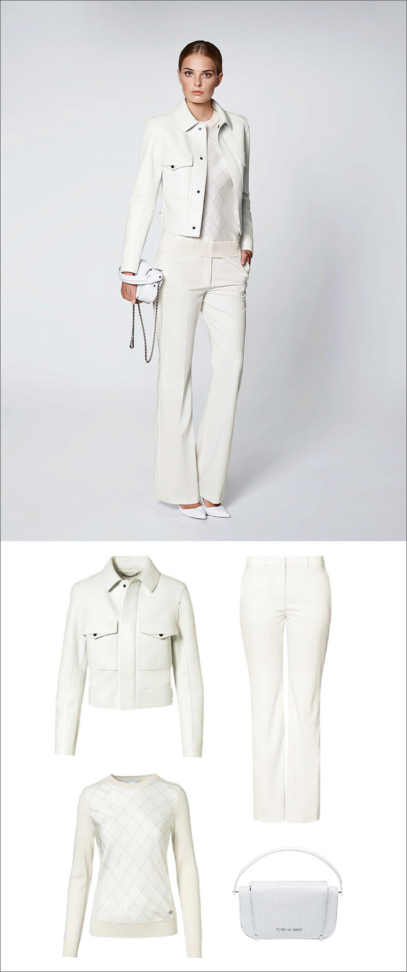 Women's Fashion Ideas - 12 Womens Outfits From Porsche Design's 2017 Spring/Summer Collection // This all white women's outfit features a white leather jacket, a knit sweater, flared white pants, and a simple white purse.