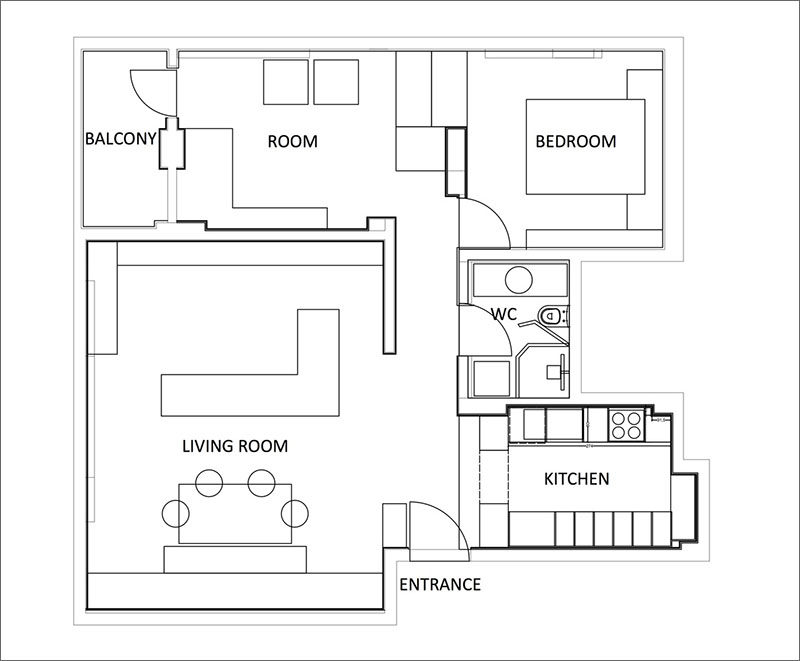 Here's the floor plan of a contemporary two bedroom apartment.