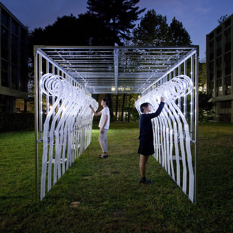 This artistic installation is named the Scroll Hut Pavilion, and it was designed by Hiroyuki Futai + EP3