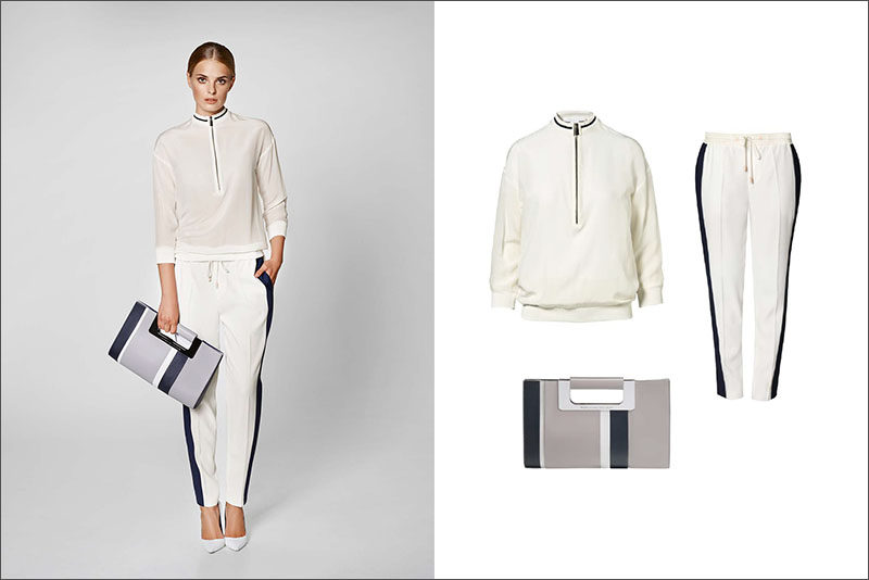 Women's Fashion Ideas - 12 Women's Outfits From Porsche Design's 2017 Spring/Summer Collection // This women's outfit made up of a white blouse, white pants with a navy stripe, and a simple grey and navy clutch, is perfect for a casual spring outing.