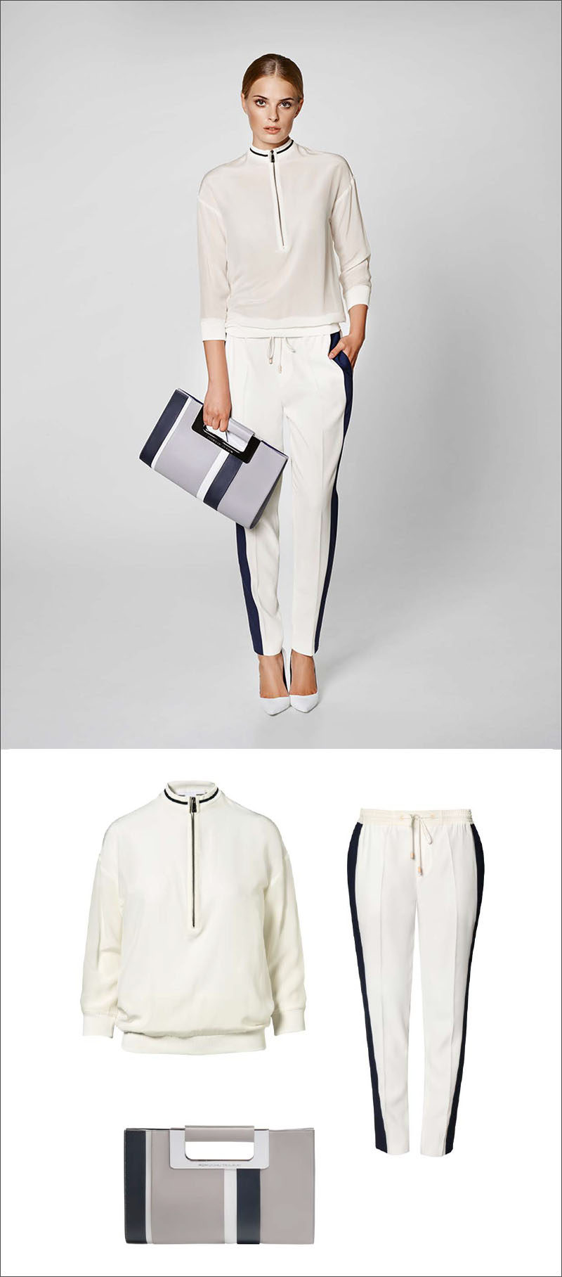 Women's Fashion Ideas - 12 Womens Outfits From Porsche Design's 2017 Spring/Summer Collection // This women's outfit made up of a white blouse, white pants with a navy stripe, and a simple grey and navy clutch, is perfect for a casual spring outing.