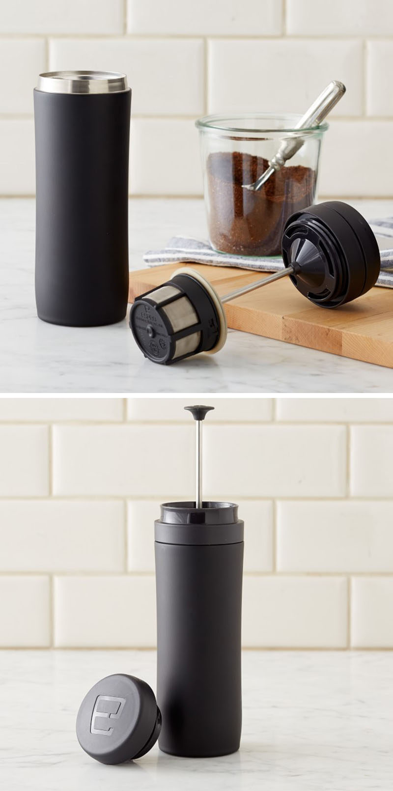 13 Modern Gift Ideas For Coffee Connoisseurs // This travel mug lets you brew a tasty french press coffee without the need for a separate french press coffee maker.