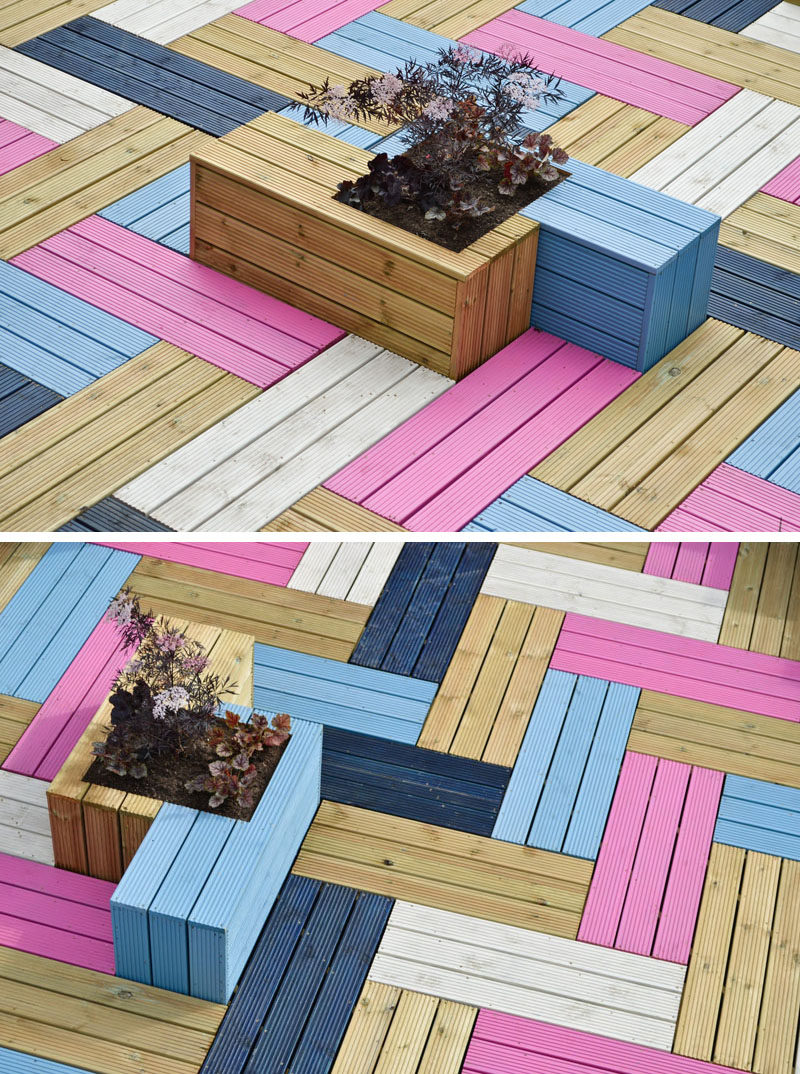 Deck Design Ideas - This Rooftop Deck Received A Colorful Modern Makeover For Its Wood Bench Seating And Planters