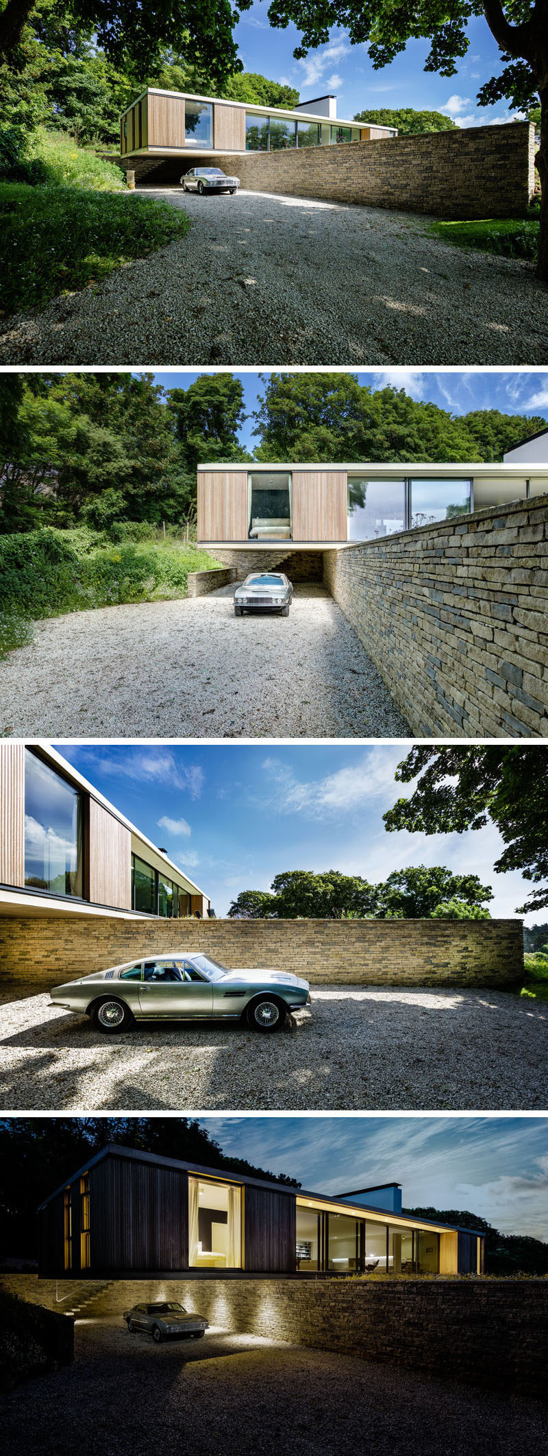 As this home is located on a sloping site, the house cantilevers out over a retaining wall faced in local Purbeck stone, and creates a sheltered parking area. Lighting has been added underneath the cantilevered section to make it easier to see at night.