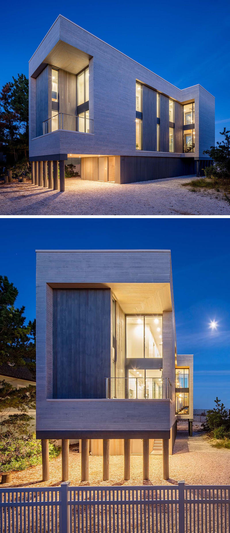 At night this modern beach house is lit up like a lantern with vertical windows allowing the light to shine through.