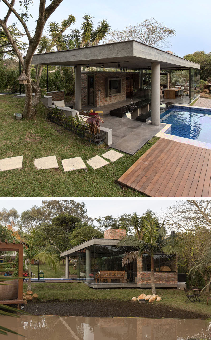 Brazilian firm br3 arquitetos have designed this concrete, glass and brick pool house that incorporates a sunken swim-up bar, a kitchen with wood-fire oven, a dining area and bathrooms.