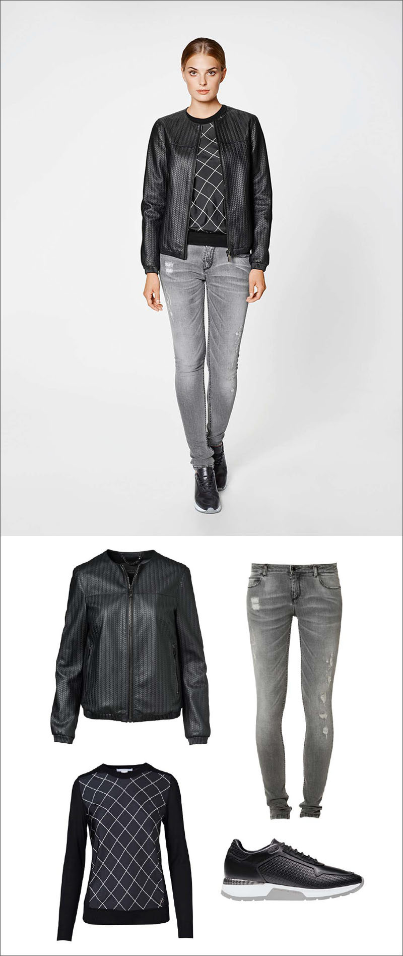 Women's Fashion Ideas - 12 Womens Outfits From Porsche Design's 2017 Spring/Summer Collection // This women's outfit has been made slightly edgier with a pair of ripped jeans, a knit sweater, a lightweight black jacket, and a pair of black, white, and grey sneakers.