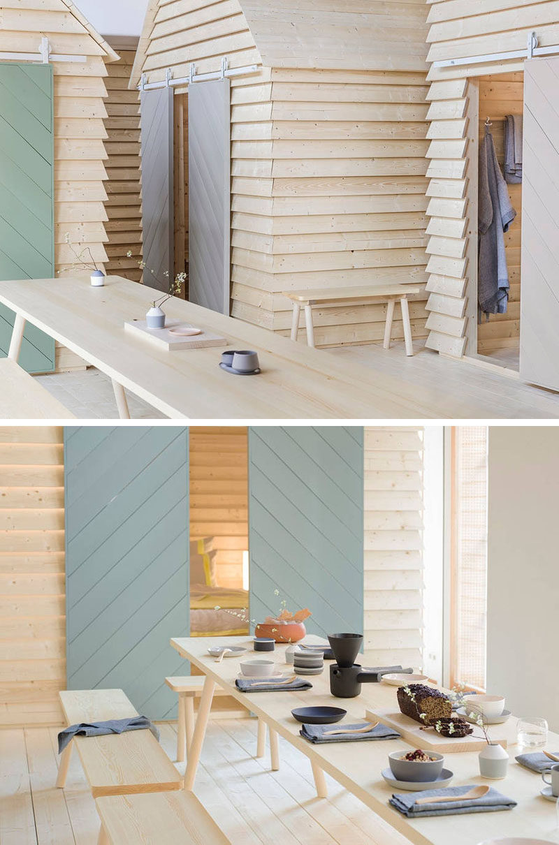 Six small cabins have been built inside the Finnish Institute in Paris so  people can experience the culture of Finland