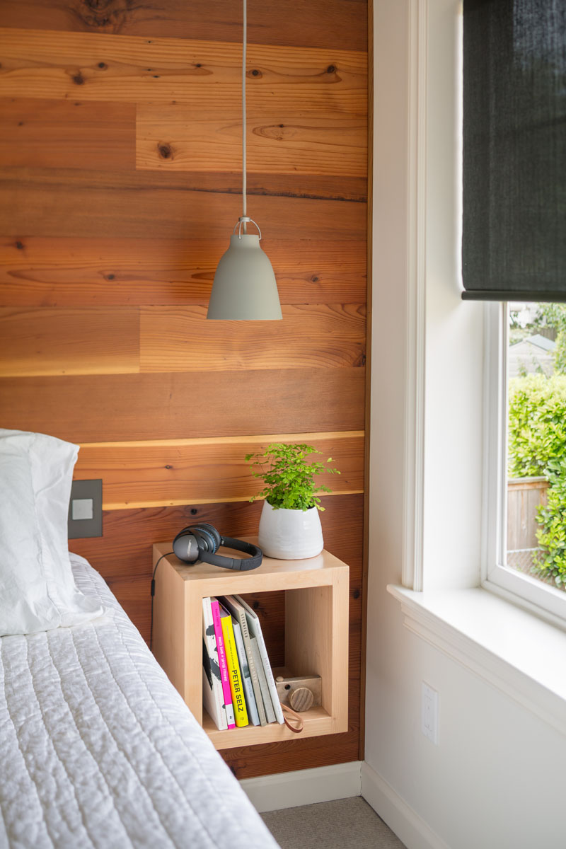 Bedroom Design Ideas - Wood accent wall behind the bed with floating