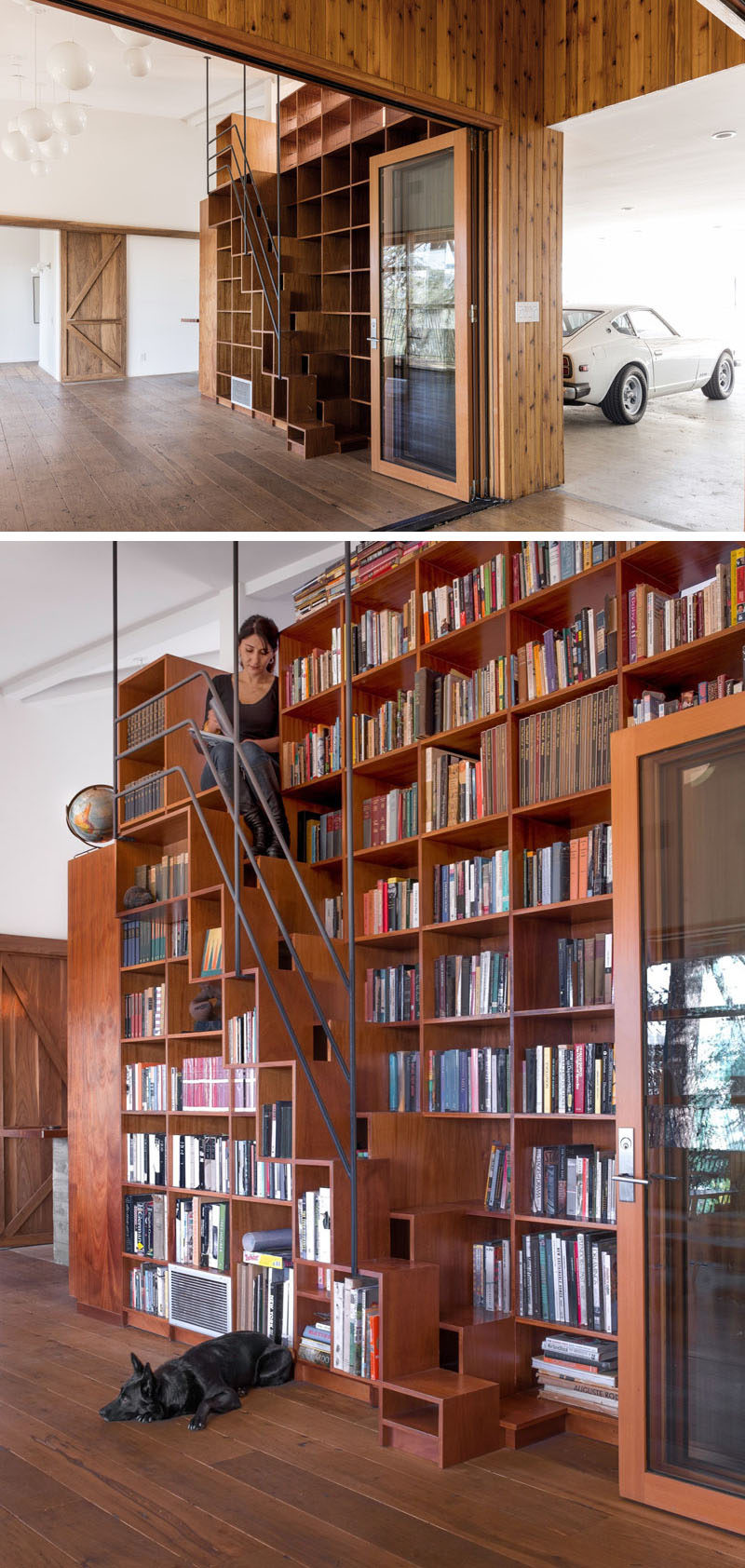This contemporary home has a custom floor-to-ceiling bookshelf that has built-in stairs and a space to sit at the top.