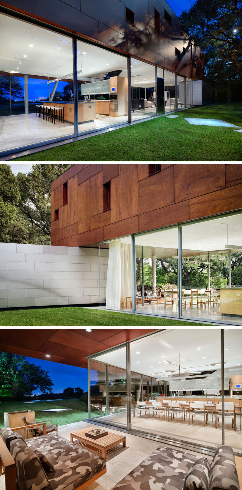 Glass walls surround the main living level of this home that features a covered outdoor patio with lounge. 