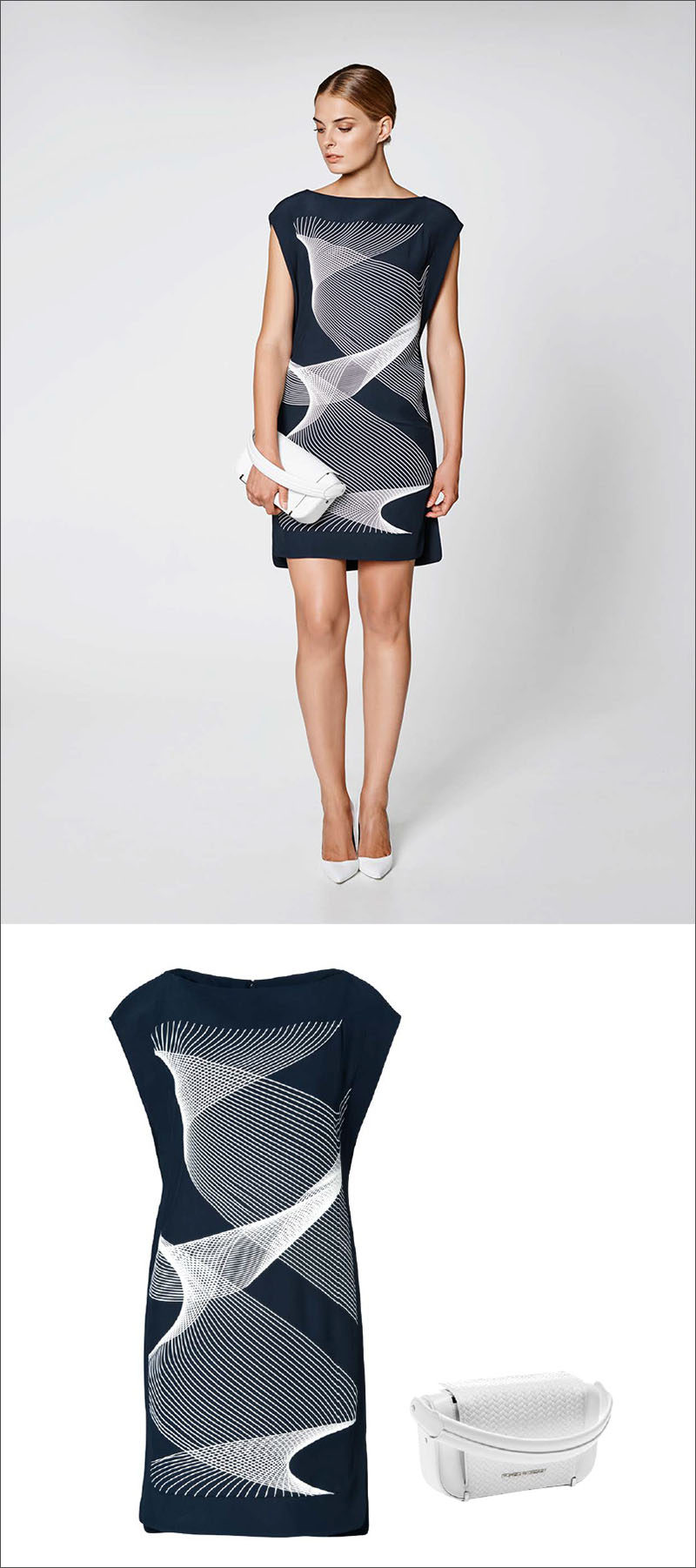 Women's Fashion Ideas - 12 Womens Outfits From Porsche Design's 2017 Spring/Summer Collection // This navy and white dress with a wave-like pattern has been paired with a simple white bag to create a sophisticated spring or summer outfit.