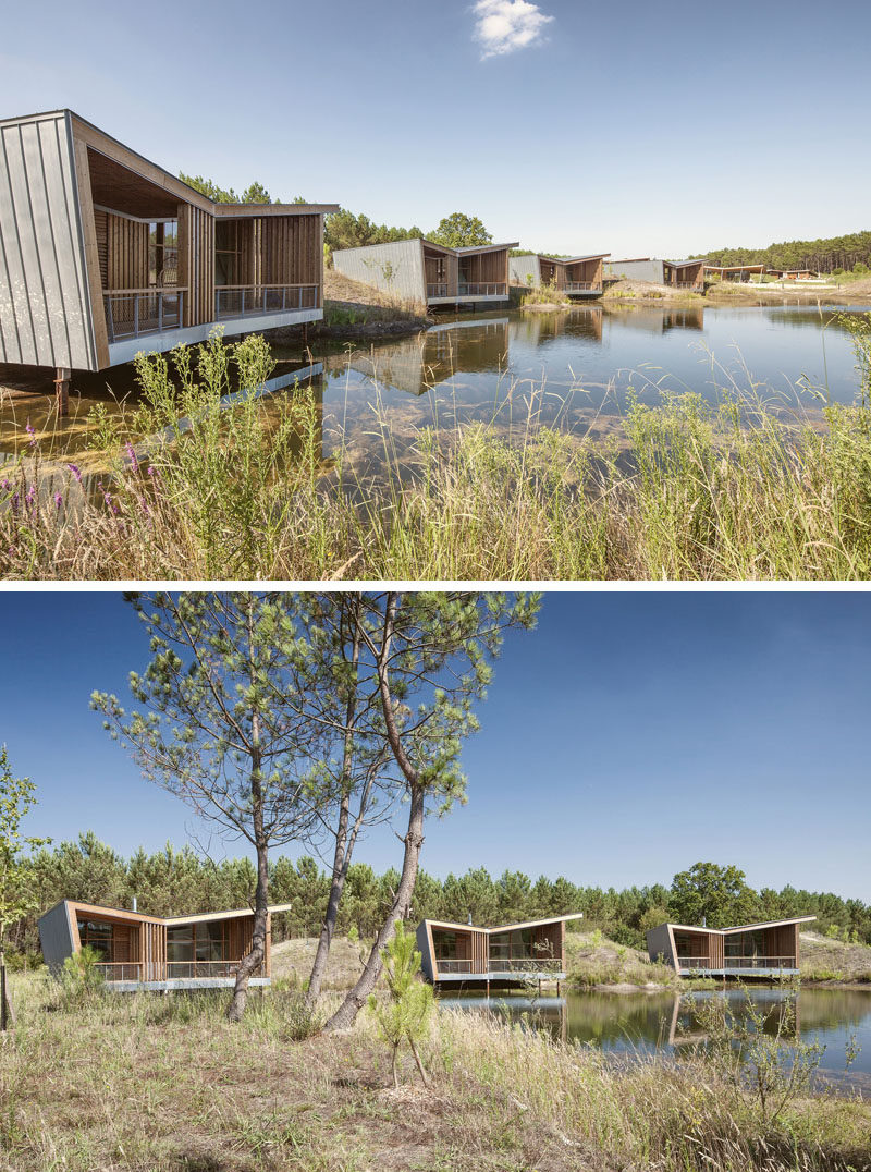 Each of the seven private villas at this eco-resort in France, have been built on stilts over the water and are large enough for two people.