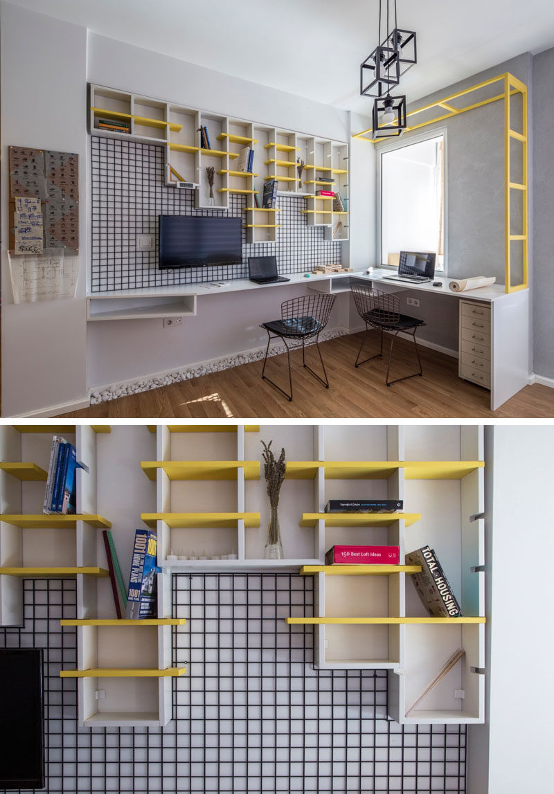 In this home office, one of the corners of the room has been transformed into the work area, with bright yellow continuing shelving adding a pop of color.