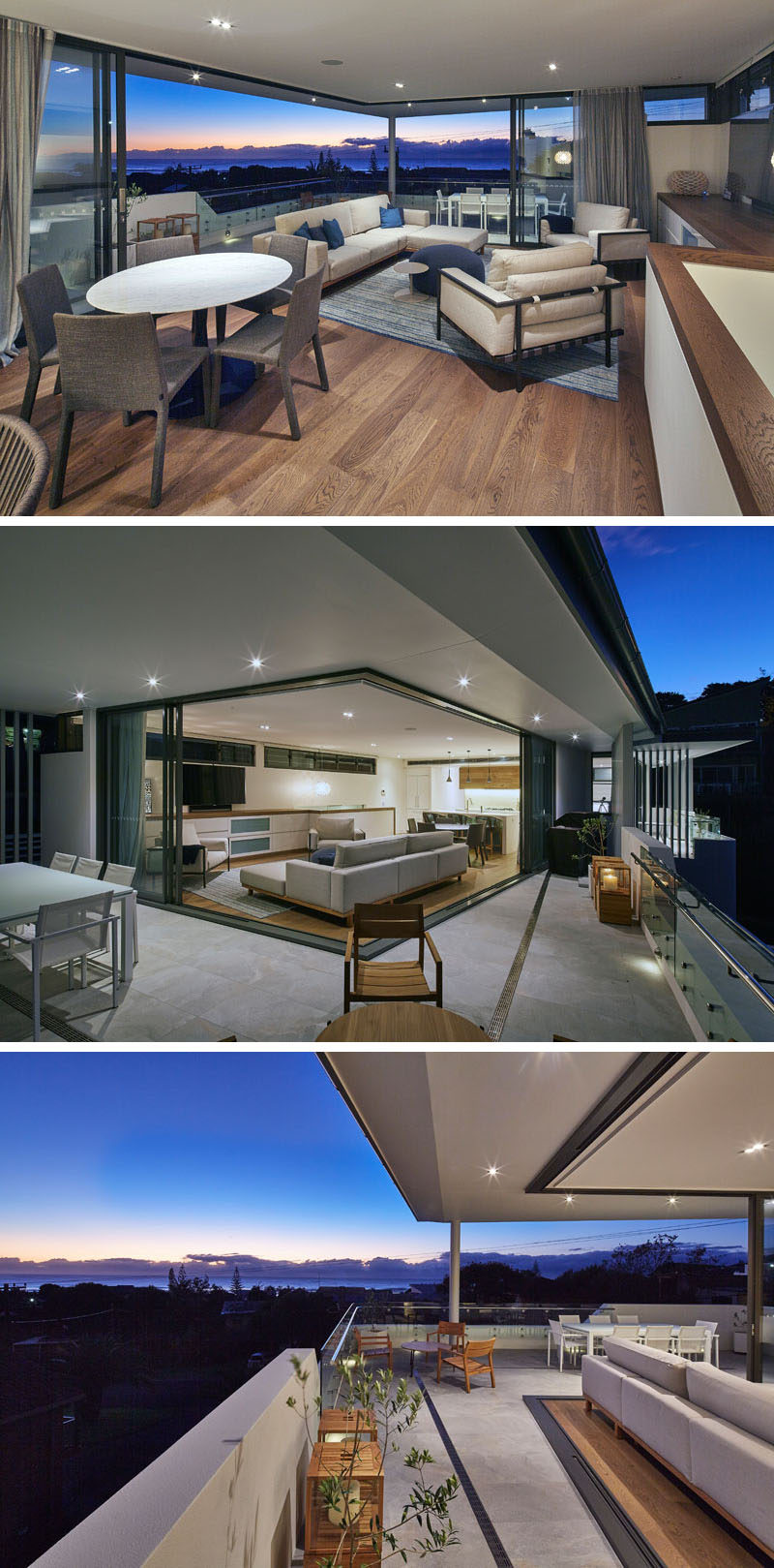 This open-plan dining and living room has large sliding glass doors that can be opened to allow the indoor space to combine with the balcony, creating even more living space.