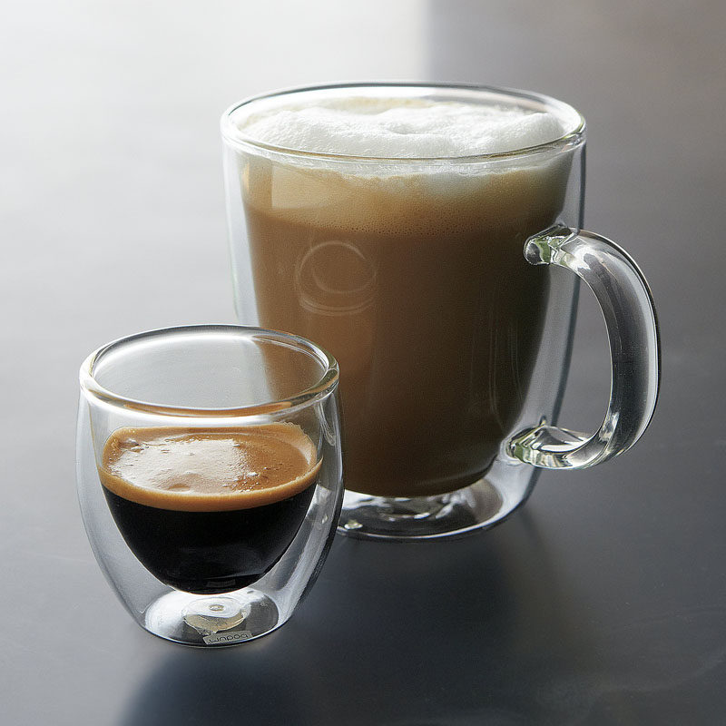 13 Modern Gift Ideas For Coffee Connoisseurs // Double insulated glass coffee and espresso cups keep your drink warm make it fun to watch as milk swirls through the dark coffee.