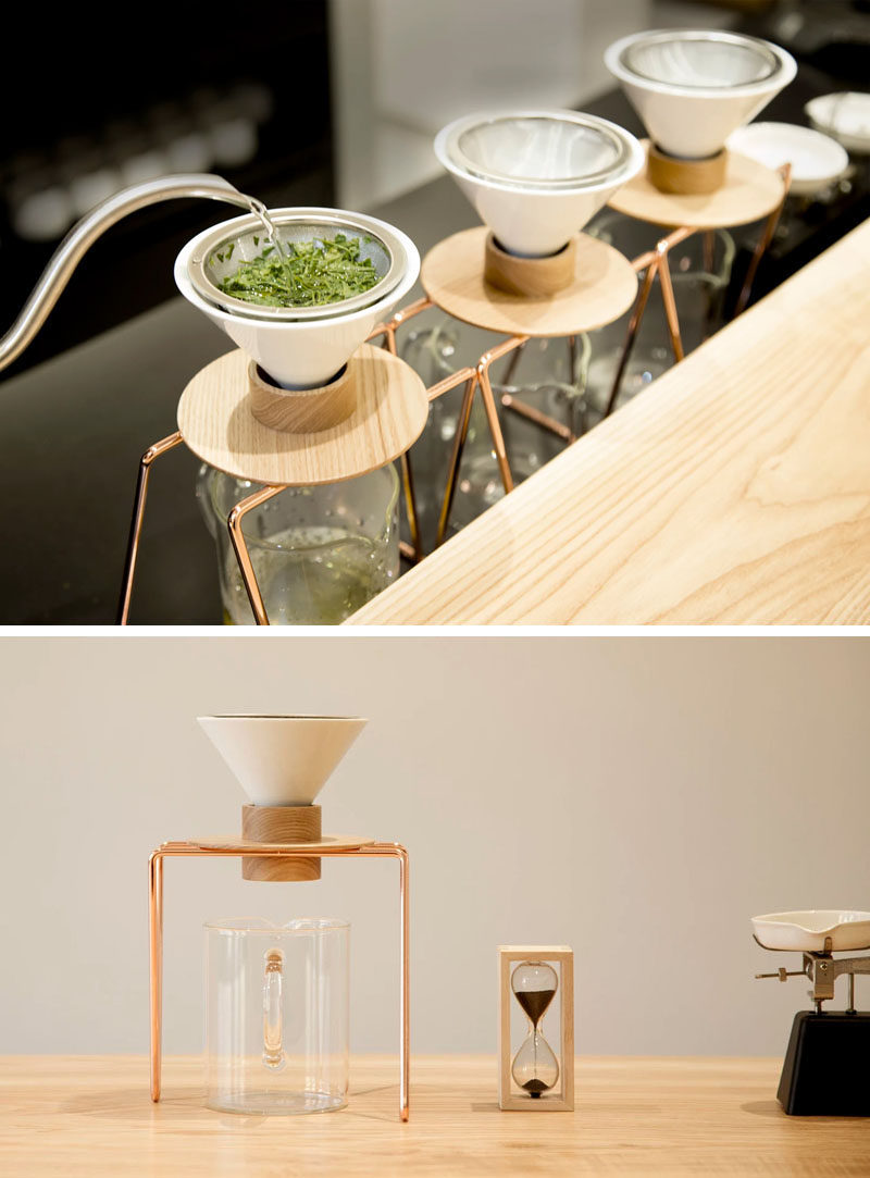 Constructed from a copper base, a ceramic dripper, and a wooden holder, the simple tea makers have been designed to brew the perfect cup of green tea every time by allowing the tea leaves to sit in the water for just the right amount of time.