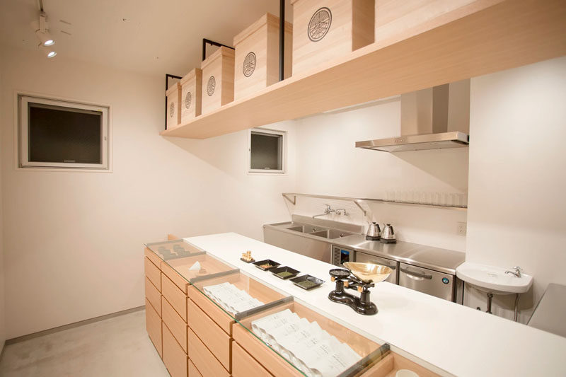 At the back of this minimalist tea shop is a small storage area that doubles as the food prep space for the few offerings they serve alongside their wide selection of various green teas.