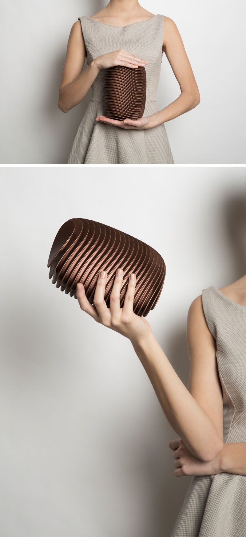 Rounded, curved layers of 3D printed nylon make up the design of this modern clutch and mimic the layout of the bending and parallel streets that make up Bern, the Swiss capital that inspired the design.