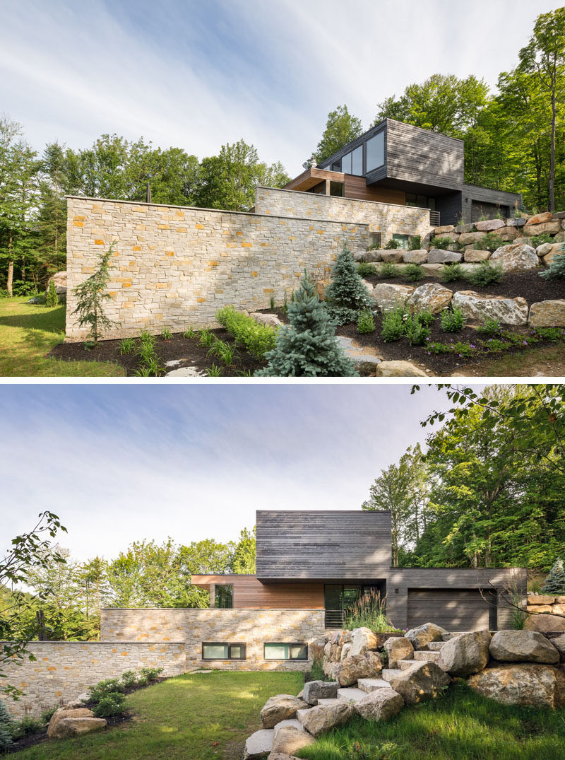 Long walls of stone hide the terraced areas of this home from the front driveway of the house. The rocks used in the landscaping around the home were extracted during excavation.