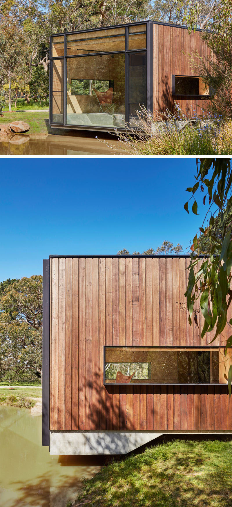 Black-framed windows stand out against the wood shiplap siding on this backyard studio.