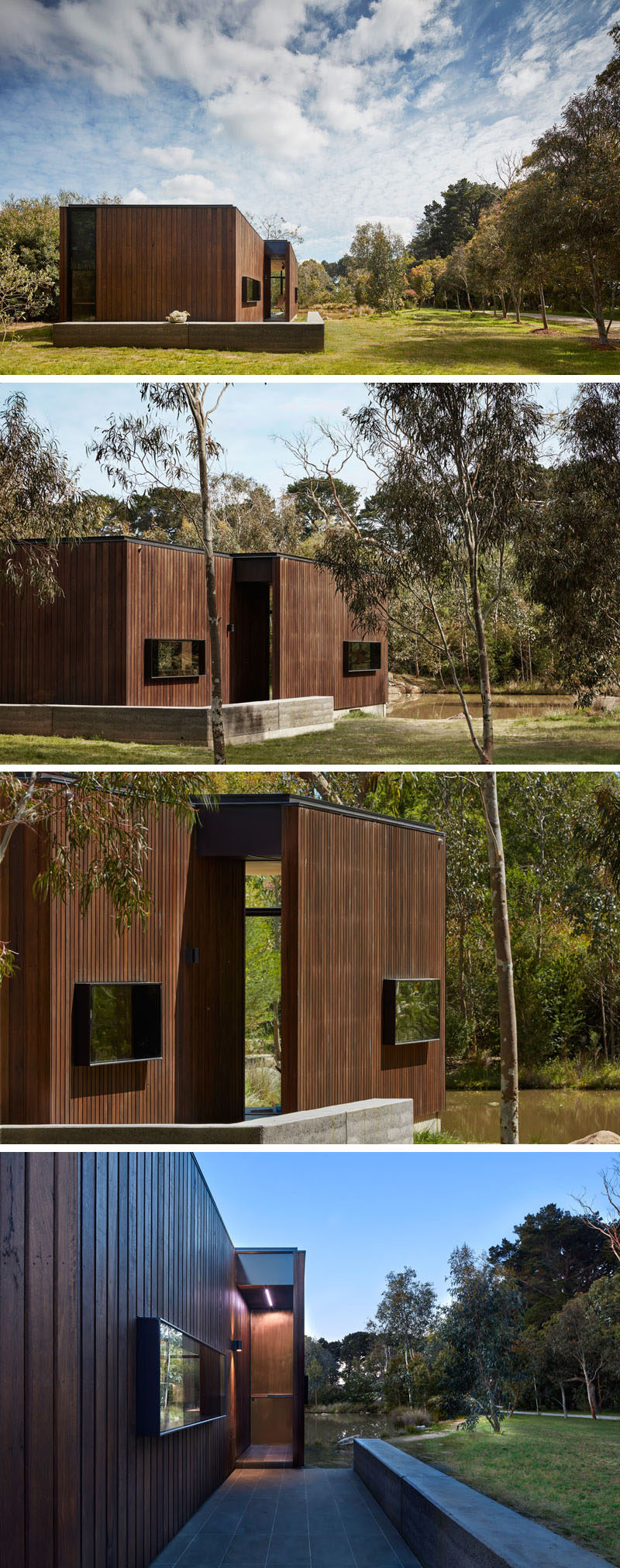 A low wall guides you from the grassy yard to the entrance of this wood covered backyard studio.