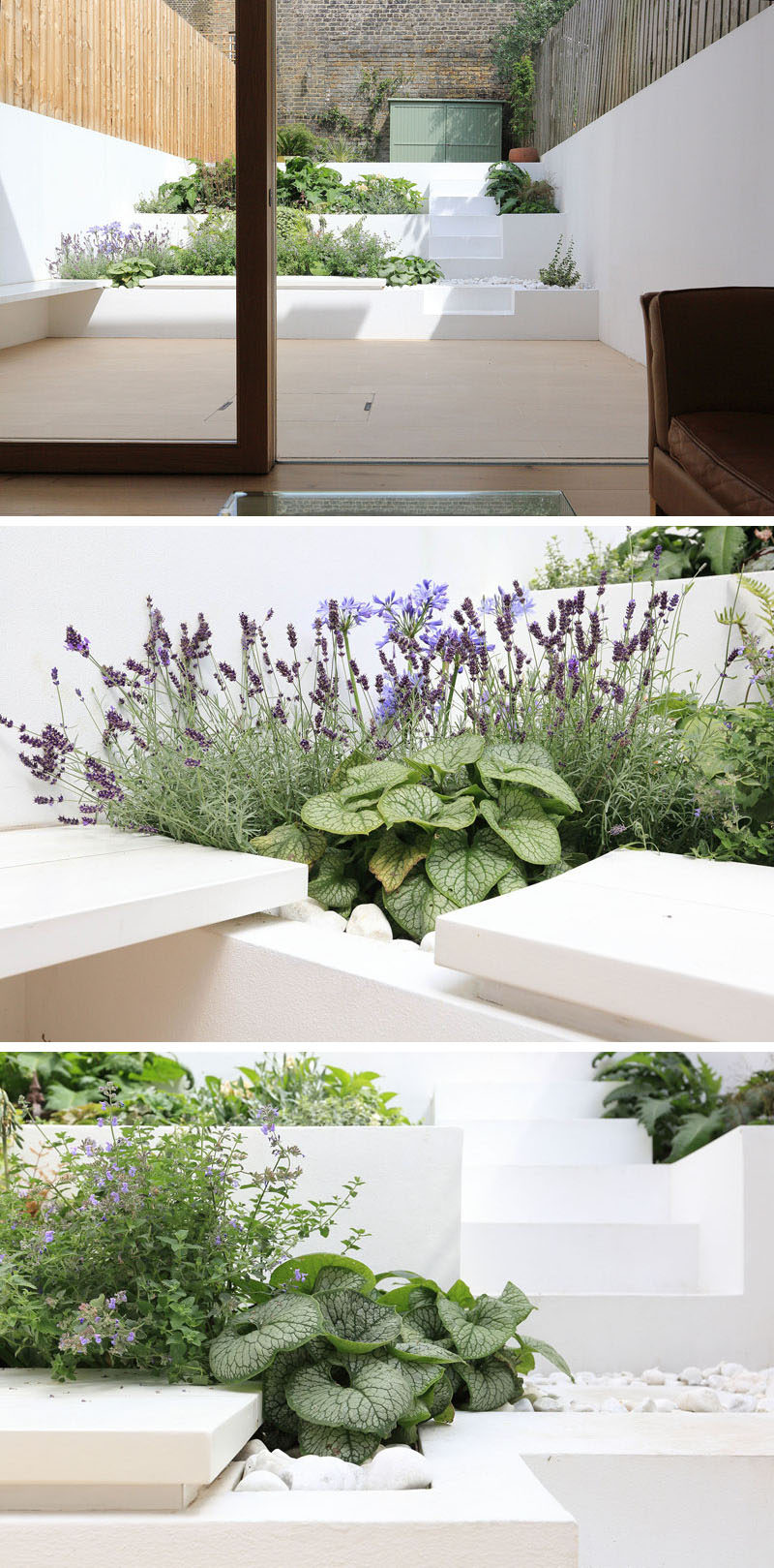 New terraced planters were installed to create a modern looking outdoor entertaining area for this home. Steps were also included in the design of the terrace to provide access to the top of the garden.