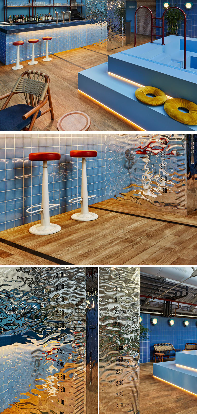 This bar area with a 'fake' pool, is made out of blue rubber and a strip of blue tiles, that are also featured on the bar. A wavy mirror element covers the bar lift, and pool signs and graphics reference swimming pool rules.