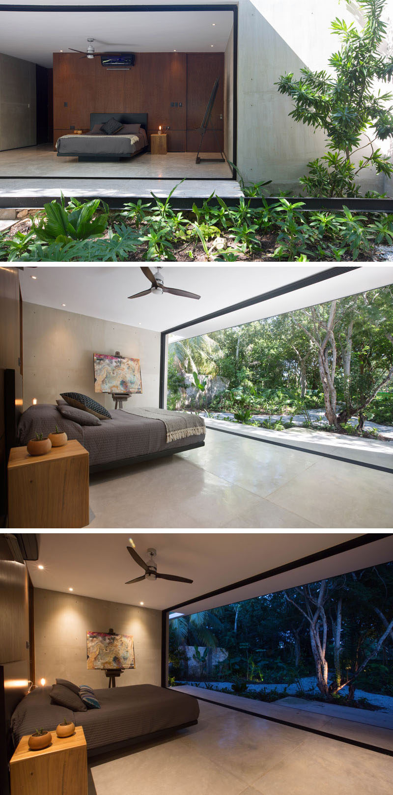 Recessed lighting and a wooden wall softens the concrete walls and floors in this bedroom that opens up to the backyard.