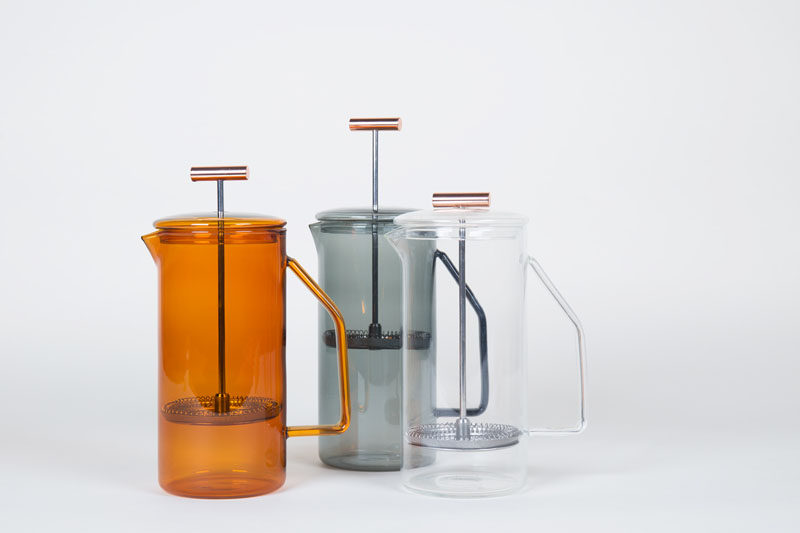 17 Modern Coffee Makers That You'll Want To Show Off // The clear bodies of these glass French Press' allows you the satisfaction of watching the coffee grounds get forced to the bottom of the pot when you plunge them down.