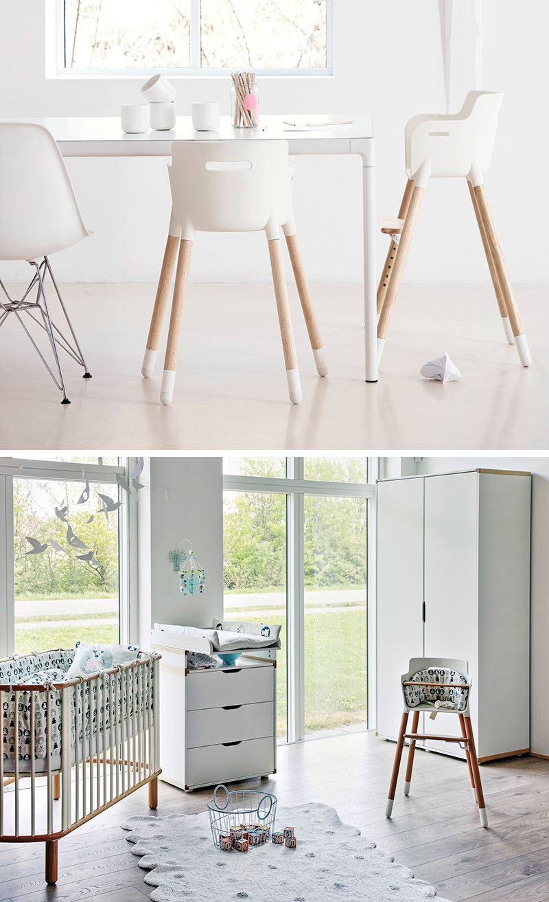 14 Modern High Chairs For Children // A simple white seat and beech wood legs give this high chair a timeless look, which is good because it can be adjusted as your child grows and is designed to last until age 12.