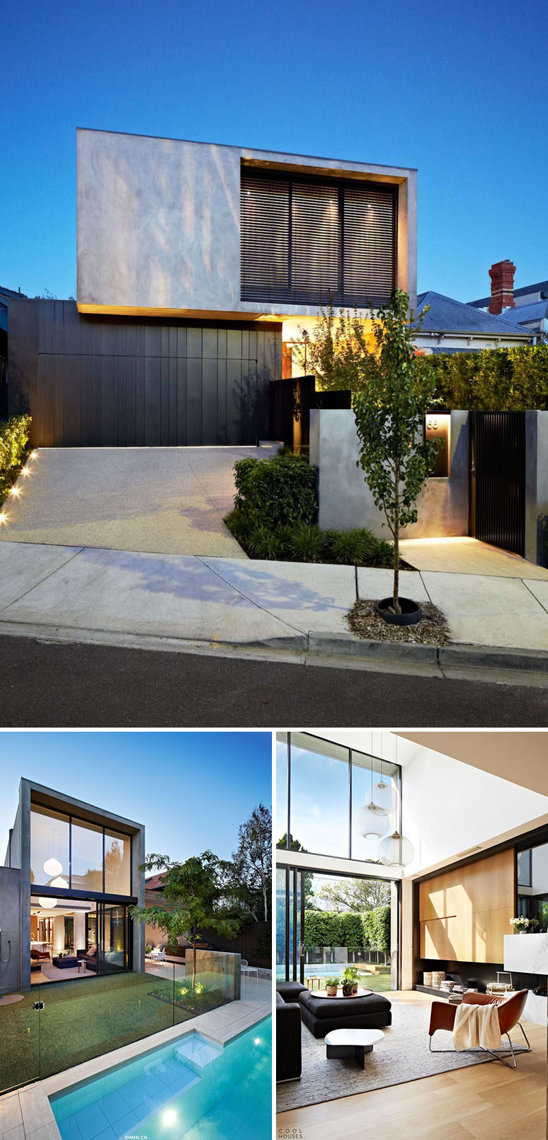 Celebrate Australia Day With These 14 Contemporary Australian Houses | Concrete, glass, and wood make up the majority of this Melbourne home, and work together to create a warm, inviting, and open space.