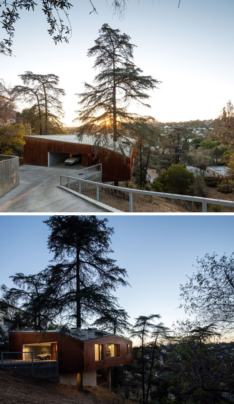 Anonymous Architects have designed this contemporary home in Los Angeles, that when designing it, the goal was to preserve as many natural features as possible. One way the designers were able to go this was by incorporating one of the mature trees found on the site, into the design of the home. 