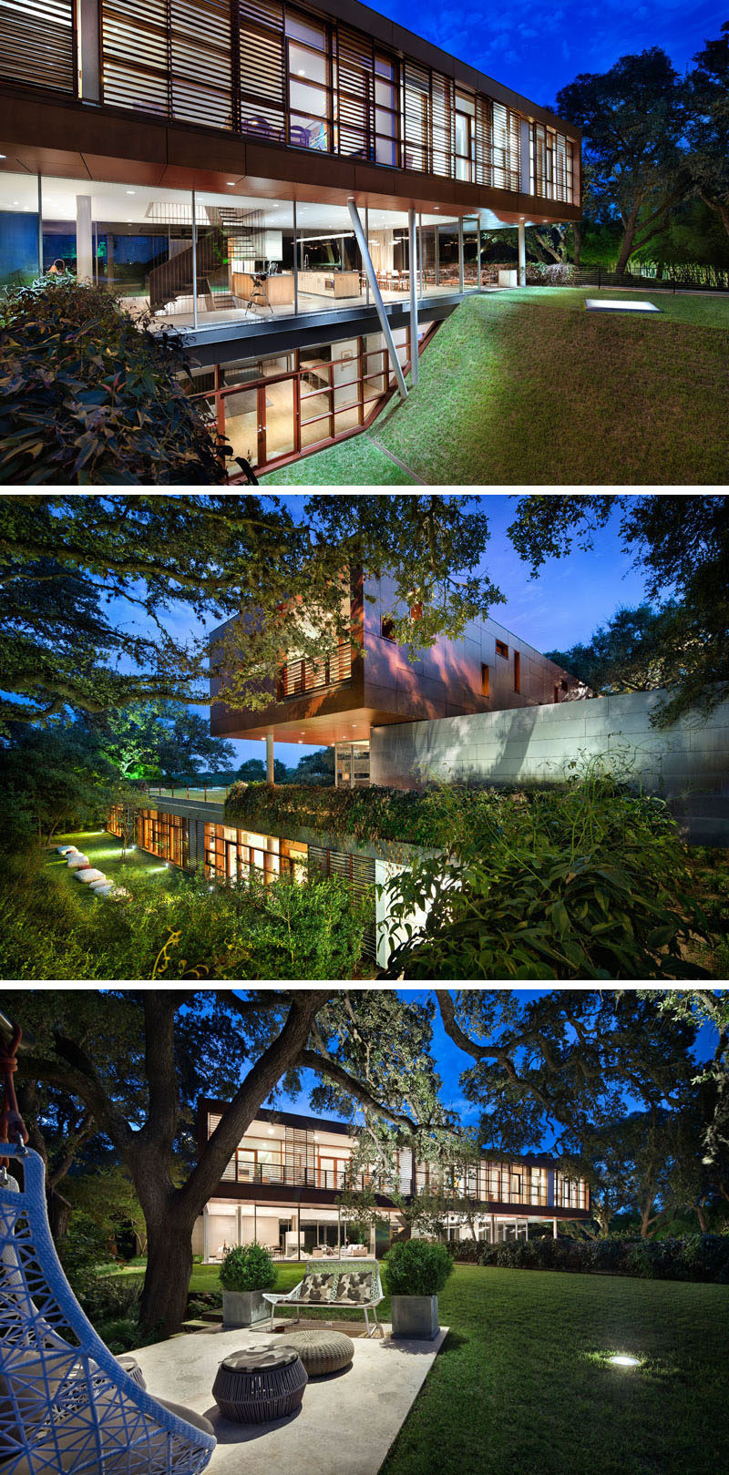 This modern home is split into three different levels, a main living/dining and kitchen level, a 'floating box' that houses bedrooms, and a lower level partially built into the ground.