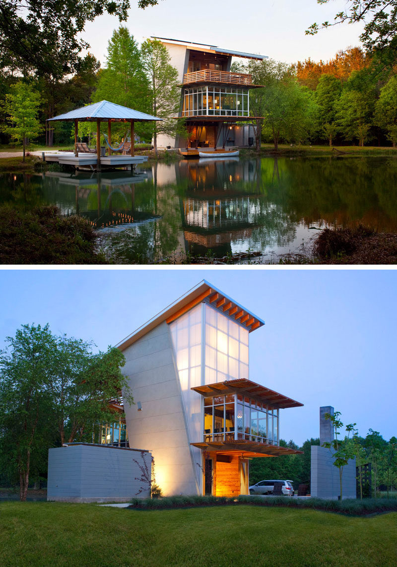 16 Examples Of Modern Houses With A Sloped Roof | The slope of the roof on this modern pond-side house allows the solar panels to take in as much energy as possible, and lets rain water fall back into the pond to help with drainage around the house.