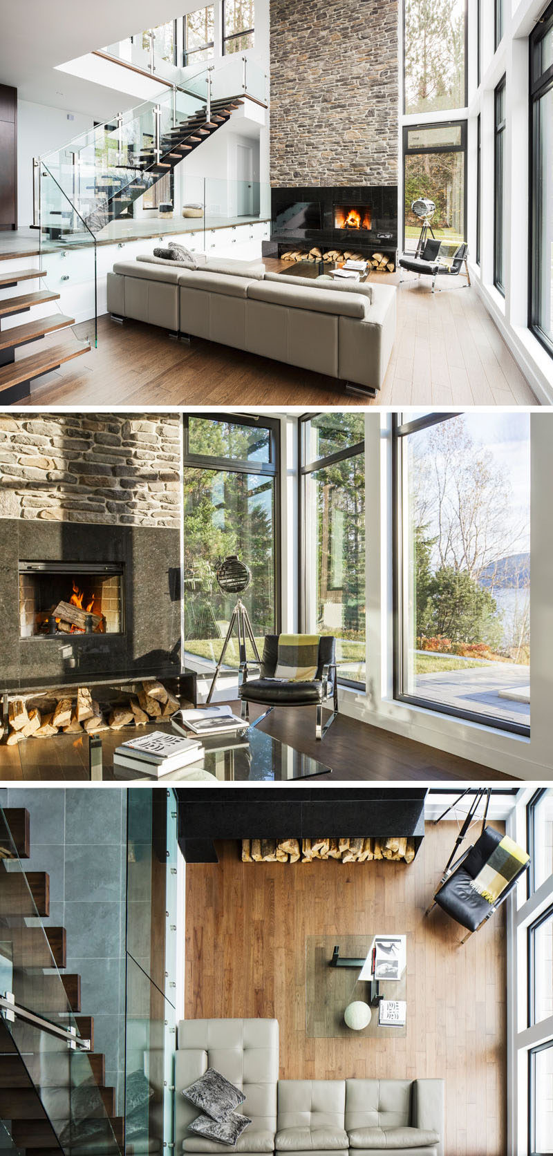 Inside, this contemporary home opens up to reveal a space surrounded by windows that fill the double-height area. The living area is sunken down slightly from the entrance of the home, and a fireplace with stone accent wall draws your eye to the height of the room.